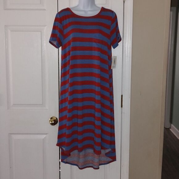 Lularoe  Carly red blue striped pocket dress Sz M NWT - Picture 1 of 6